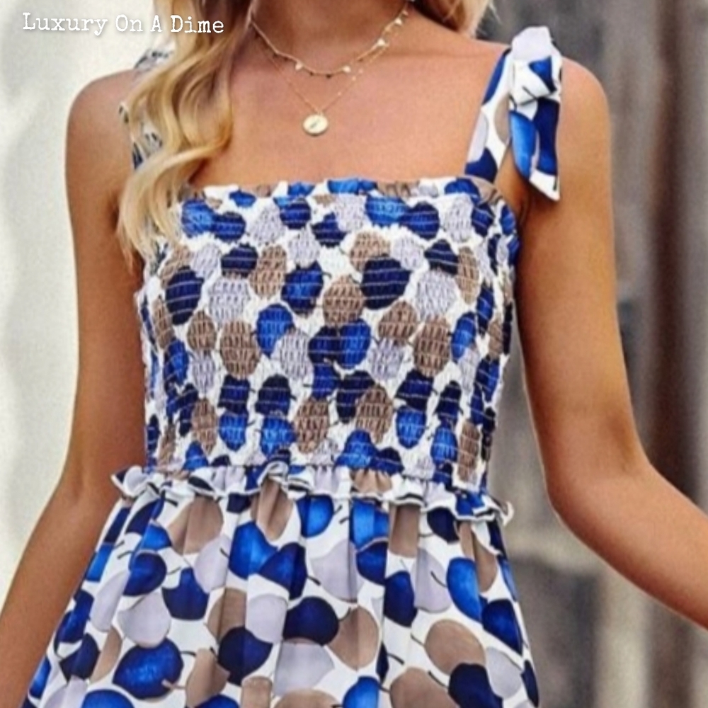 Vibrant Blue Circle Abstract Leaf Sleeveless Smocked Bodice Summer Midi Dress - Picture 7 of 10